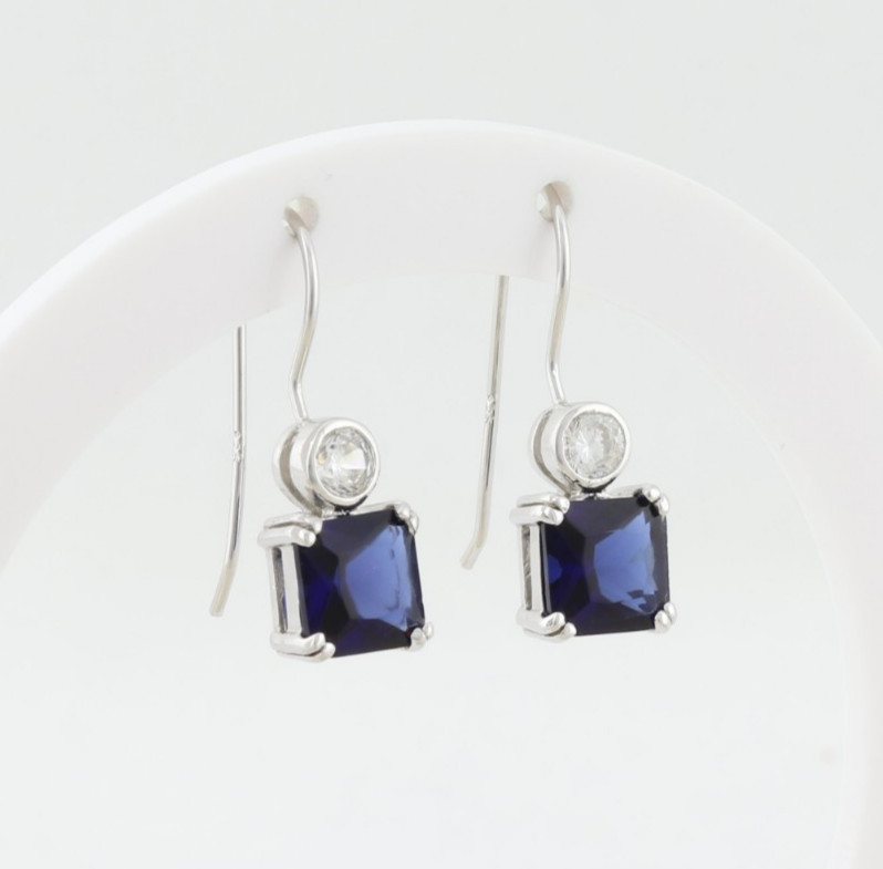 Sterling Silver Blue & White Cubic Zirconia Dangle Drop Earrings 1″ x 3/8″