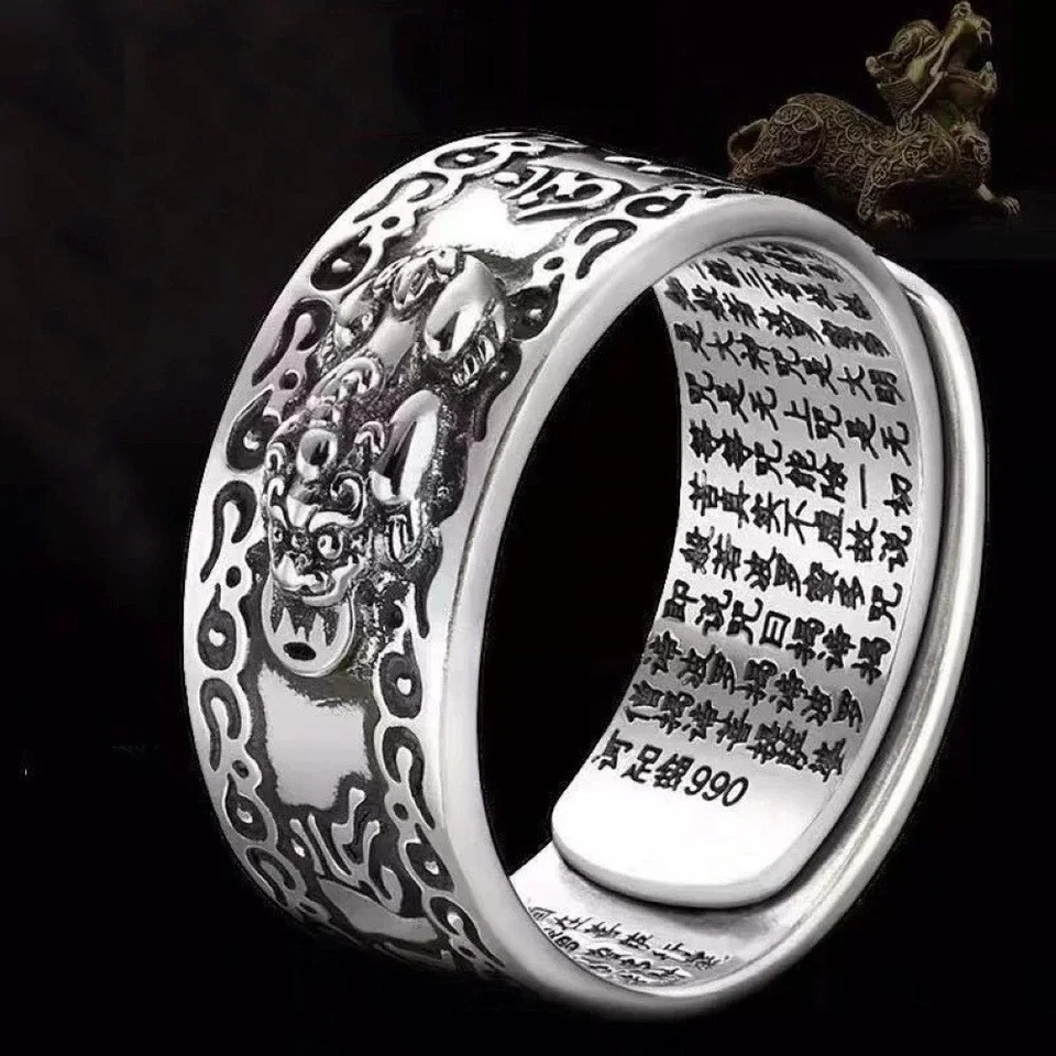 Feng Shui Pixiu Adjustable Ring Buddhist Mantra Attract Wealth Lucky Ring Charm