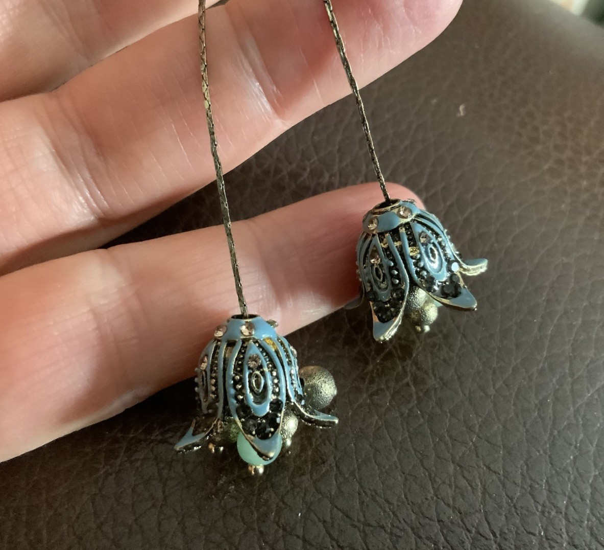 Art Deco Museum Flower Earrings Filigree VTG Gold Antique Bell Boho Chain CZ