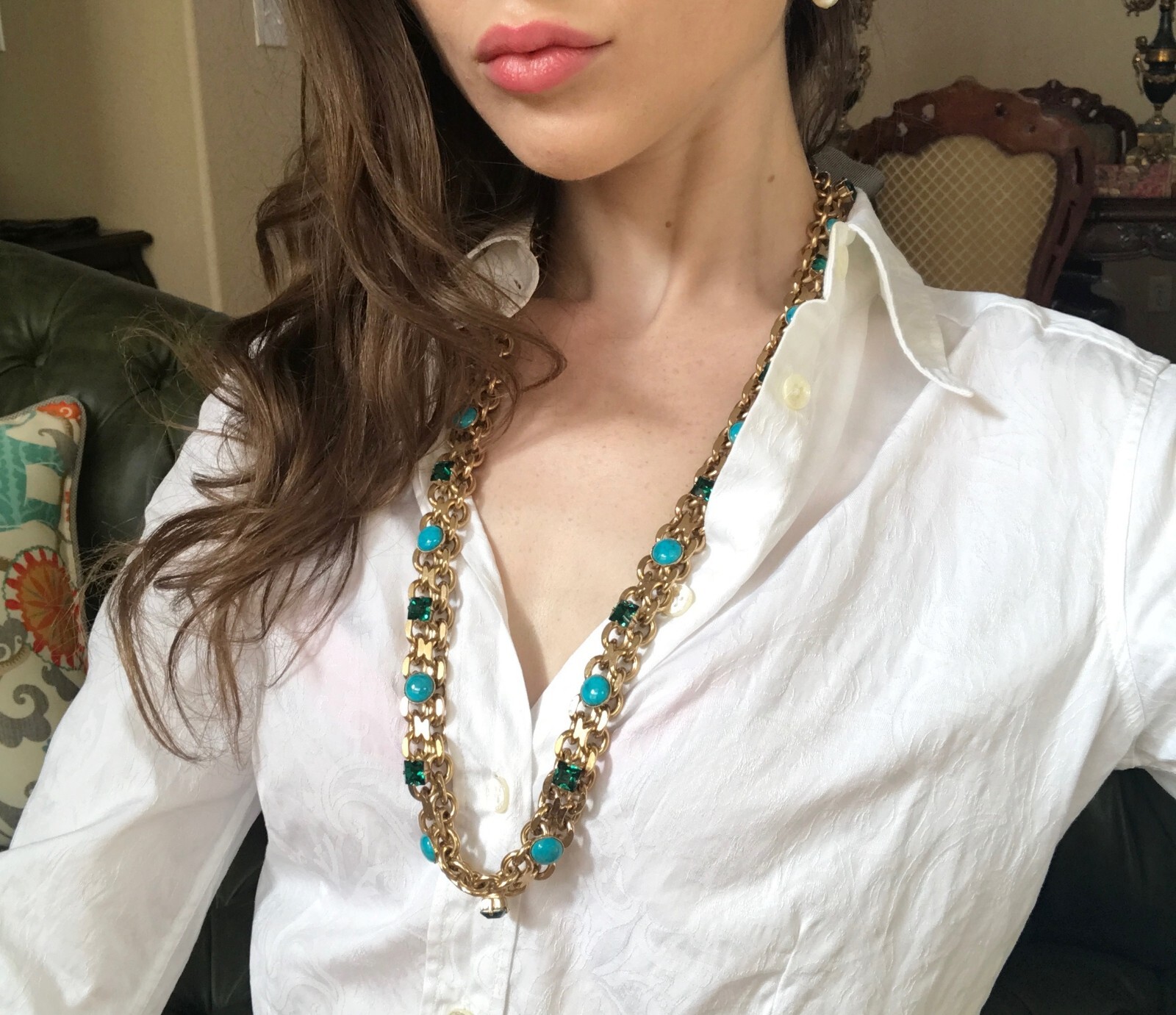 Lanvin Paris Long Necklace / Belt Gold-Tone Turquoise & Green Crystal New + Box