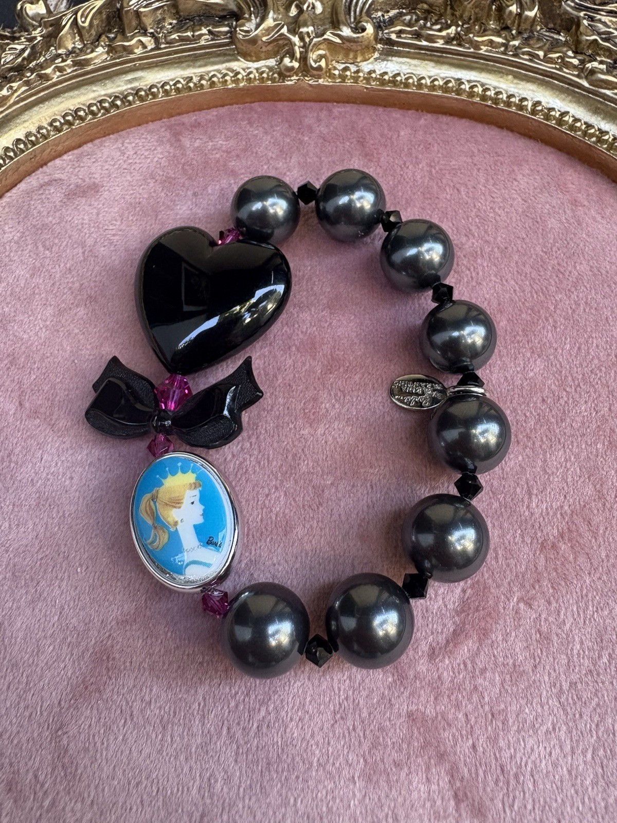 Tarina Tarantino Vintage Barbie Circa Butterfly Cameo Black Heart Pearl Bracelet