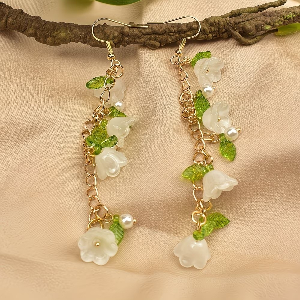 Floral Lily of the Valley Drop Earrings Gold Tone Pearl Flower Dangle White