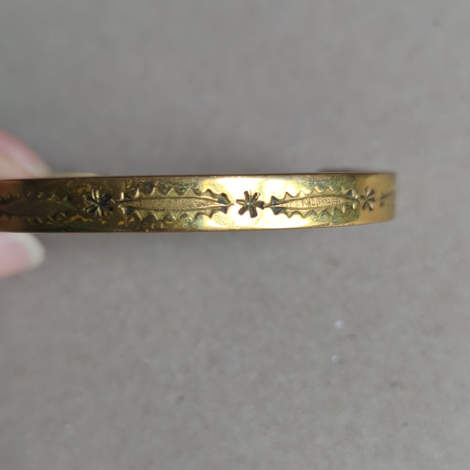 Signed RJT Navajo 10 Gold Tone Brass Engraved Adjustable Cuff Bracelet