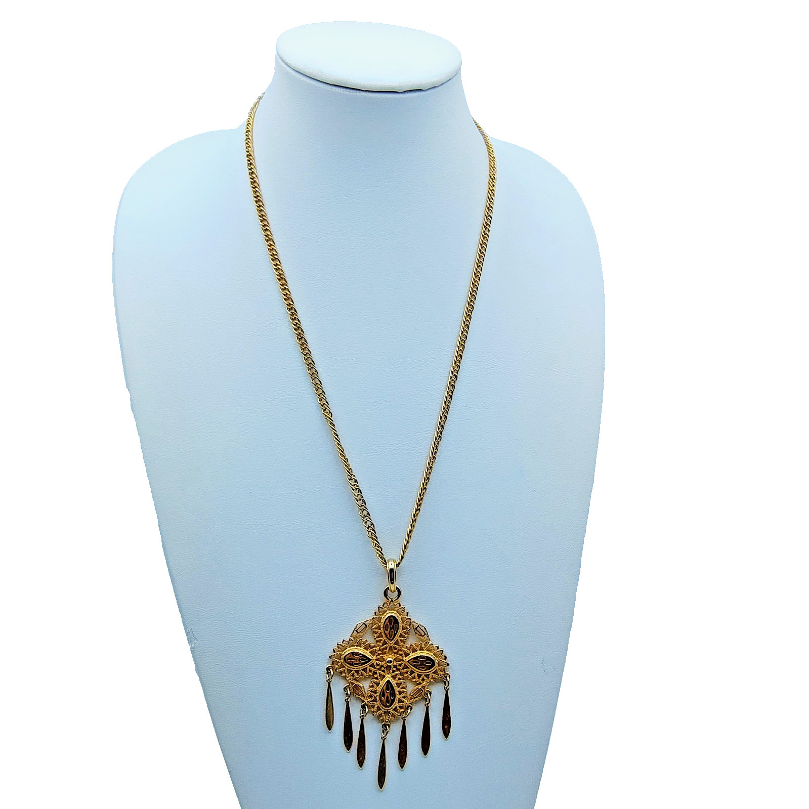Vintage Filigree Pendant Necklace Gold Tone Victorian Revival Maximalist 70s