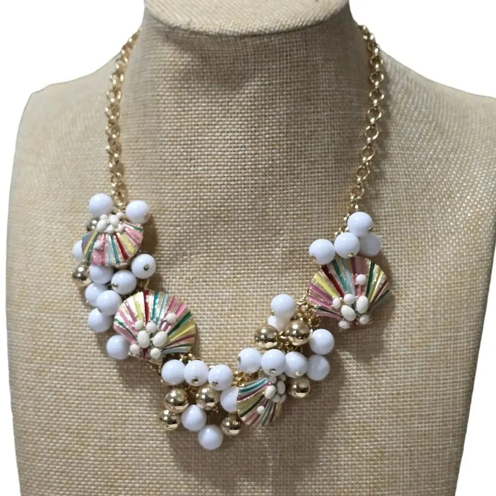 Talbots Multicolor Seashell Charm Beaded Gold Tone Statement Necklace Bib OS