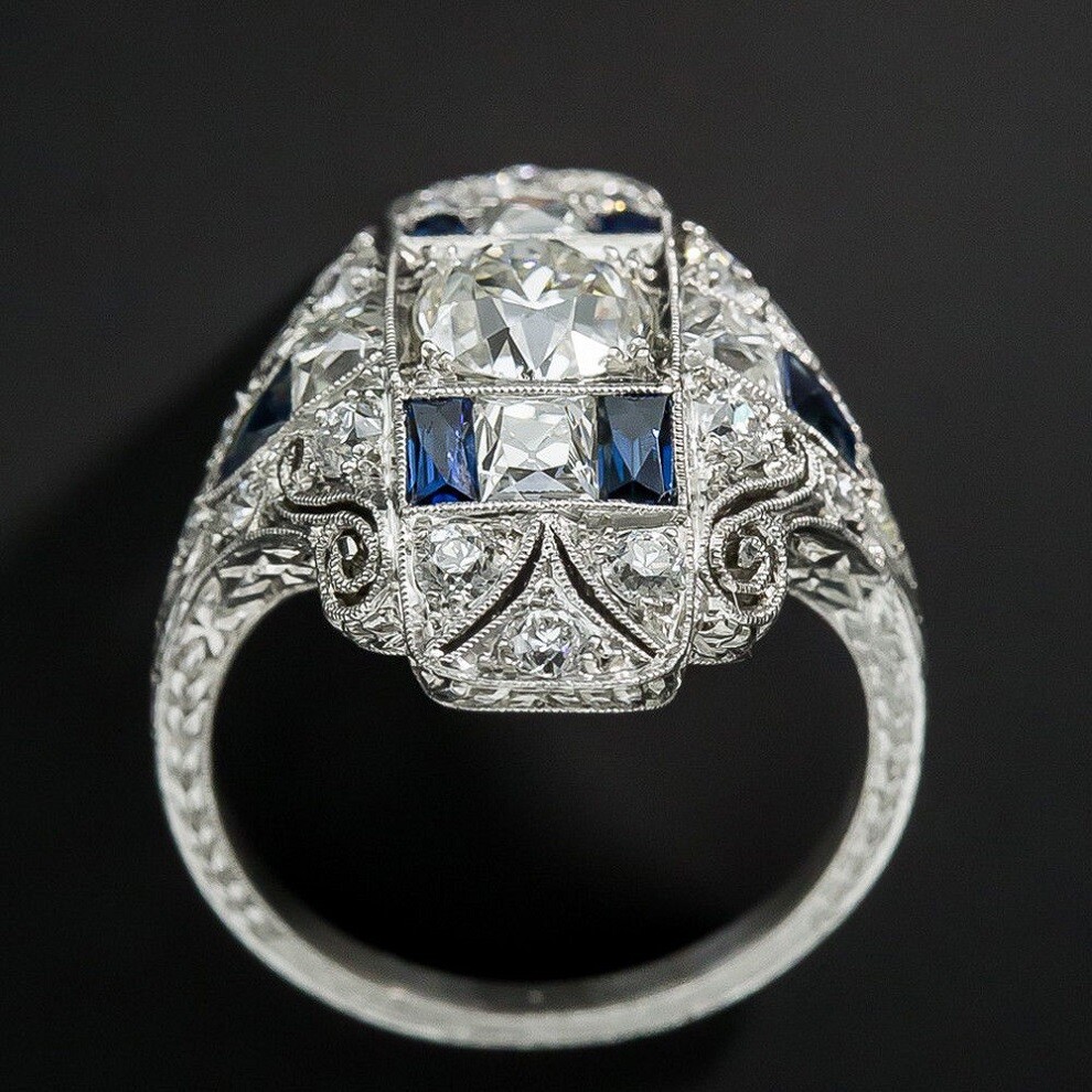 925 Sterling Silver Blue Rhinestone White Topaz Engagement Wedding Ring Size 9