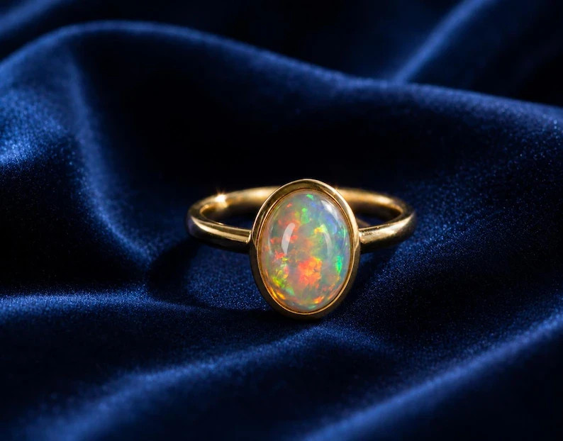 5.50 CT Australian Opal Solitaire Ring Oval Walo Fire Ring Sterling Silver