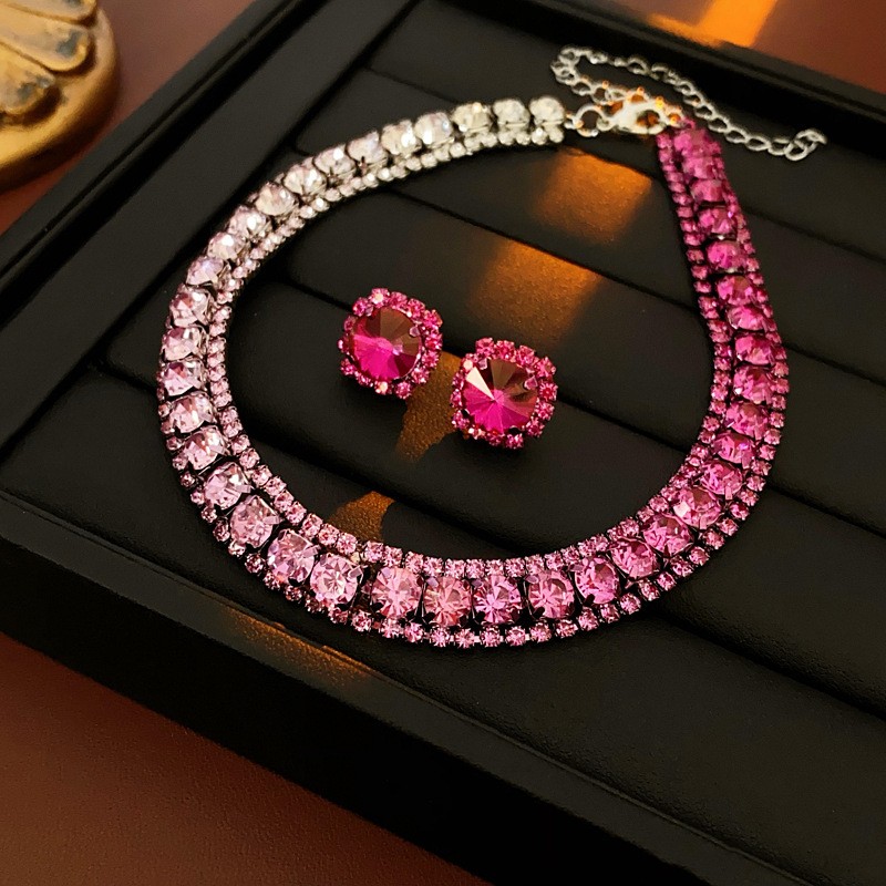 Multi-Color Crystal Rhinestone Necklace Earrings Wedding Party Jewelry Set