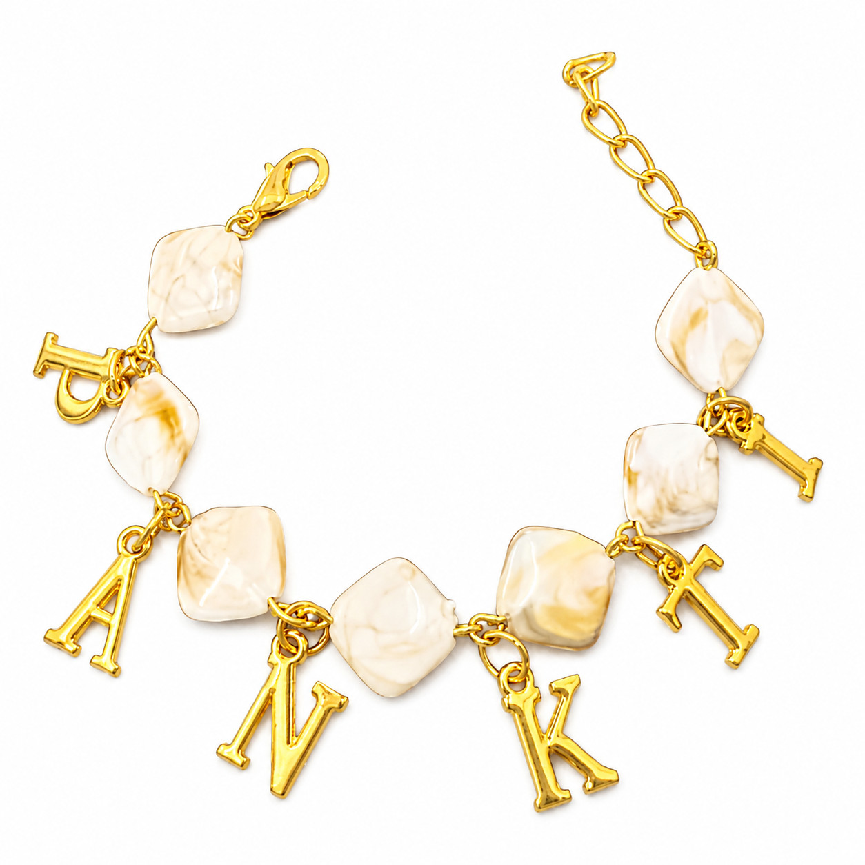 Gold Tone Initial Charm Bracelet White Marble Beads Adjustable Alphabet Letter