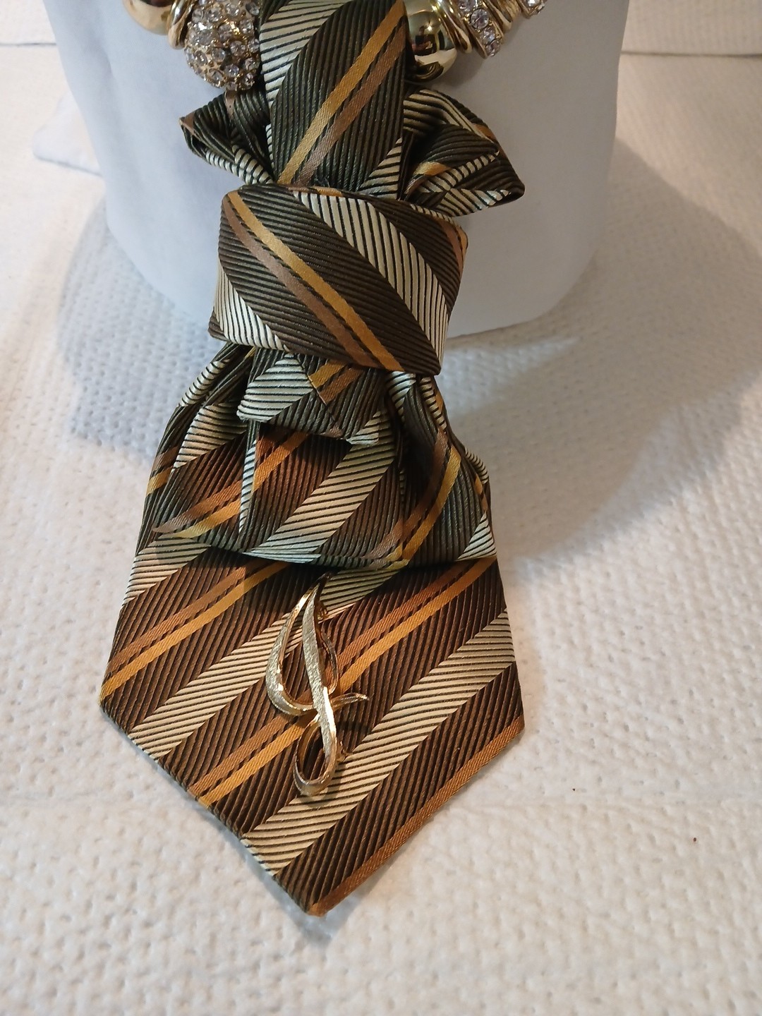 Womens Tie Necklace Repurpose Color Brown & Tan Comes With Broch & Necklace