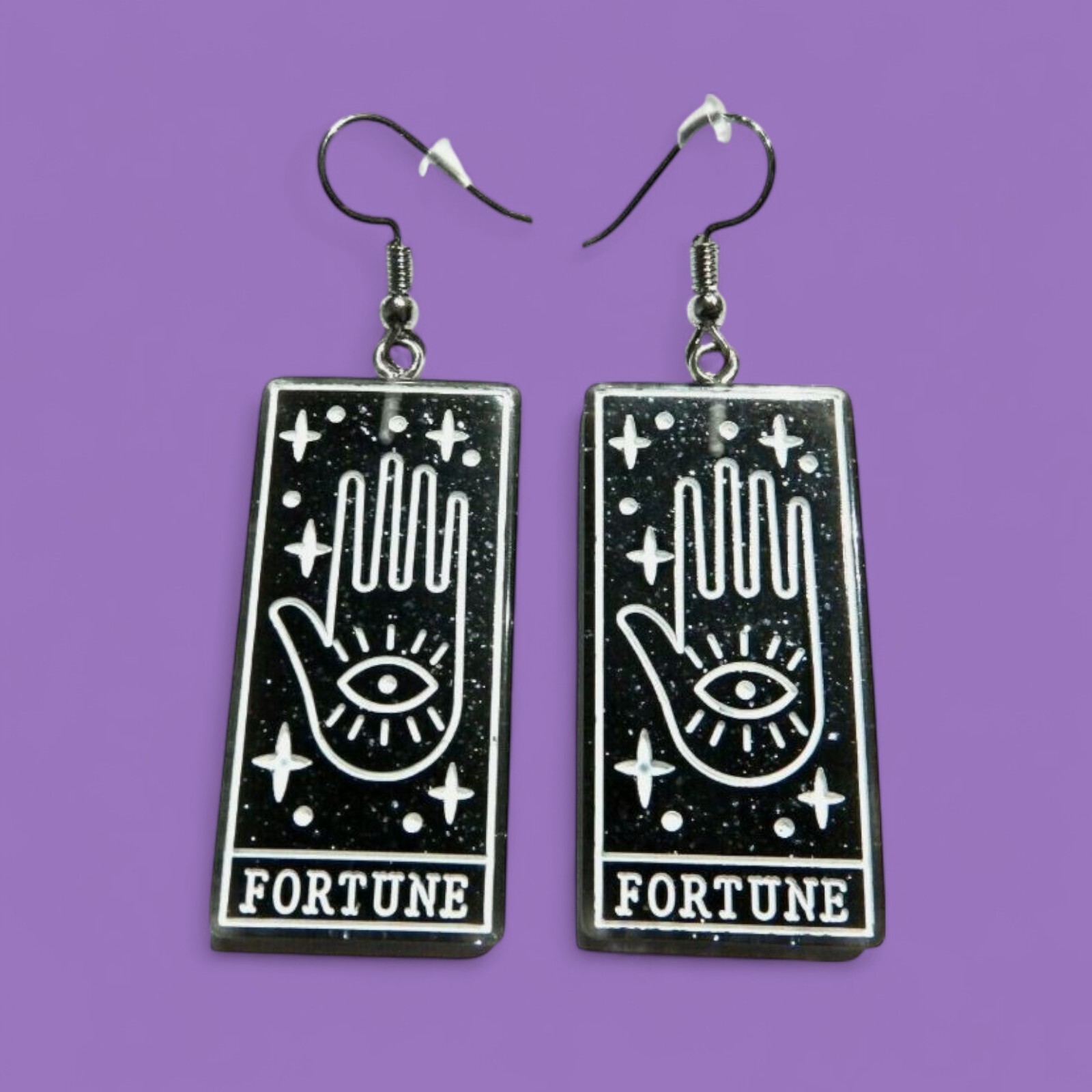 TAROT CARD EARRINGS X FORTUNE black white glitter palmistry teller gothic L2