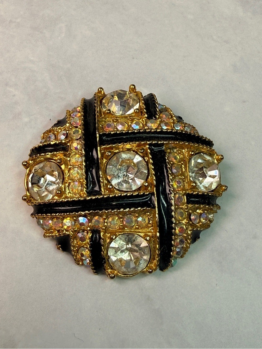Vintage Basketweave Rhinestone and Enamel Brooch