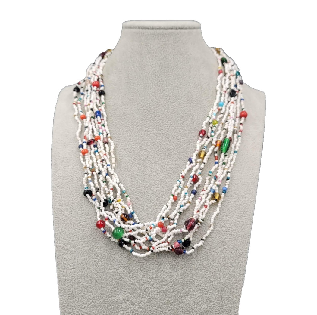 Multicolor Glass White Seed Bead Necklace Layered Silver tone 20″