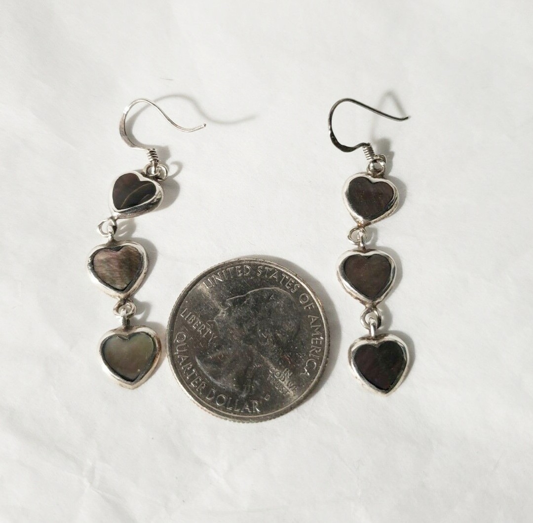 92.5 sterling silver heart earrings, mother of pearl inlay, lightweight