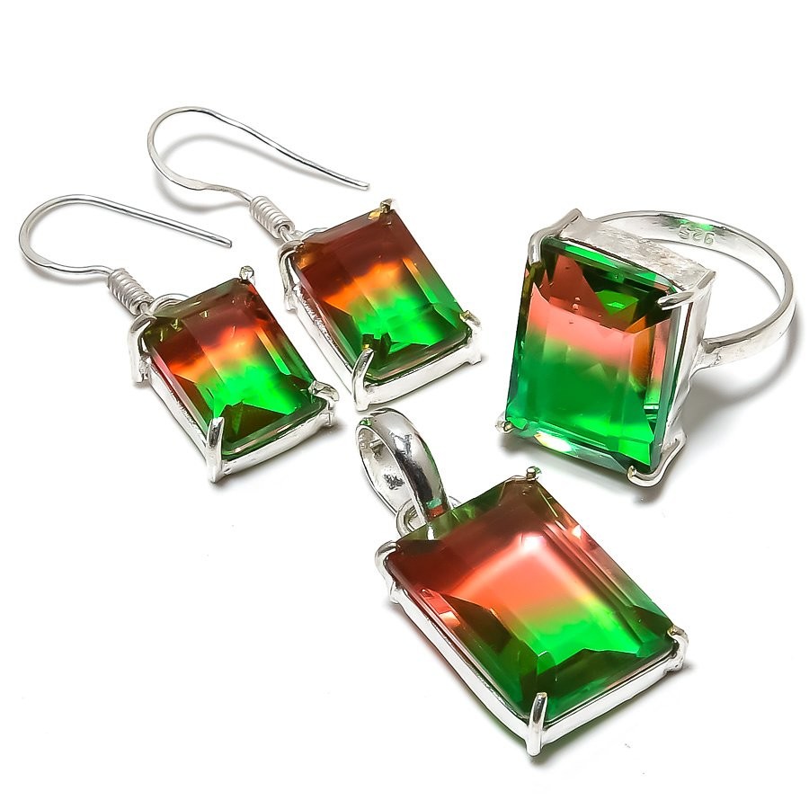 Bi-Color Tourmaline Pendant,Earring,Ring Gemstone 925 Sterling Silver Set J283