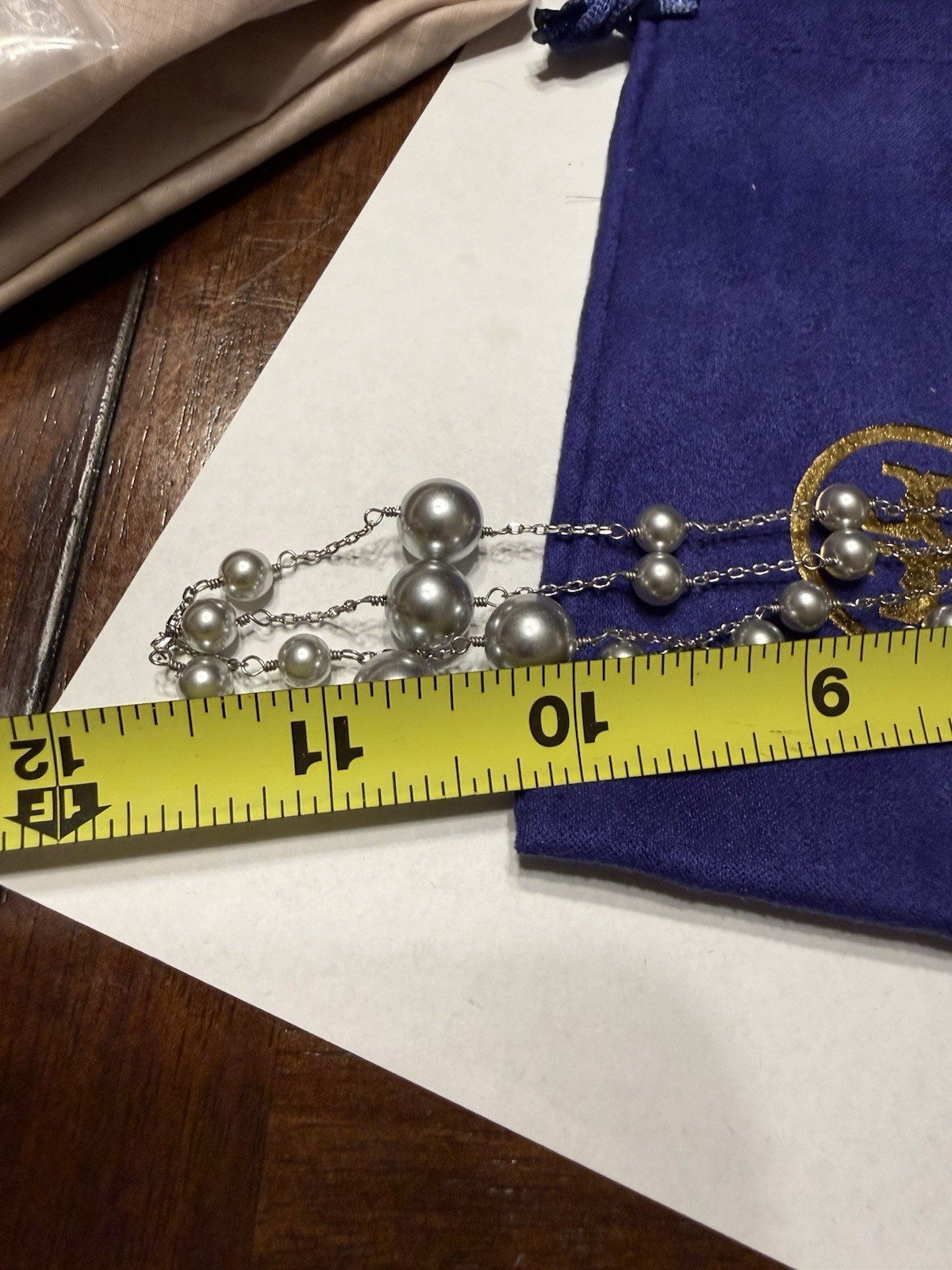 New Auth. Tory Burch Long 44” Silver Britten Necklace Silver/Grey Pearls w/ Tag