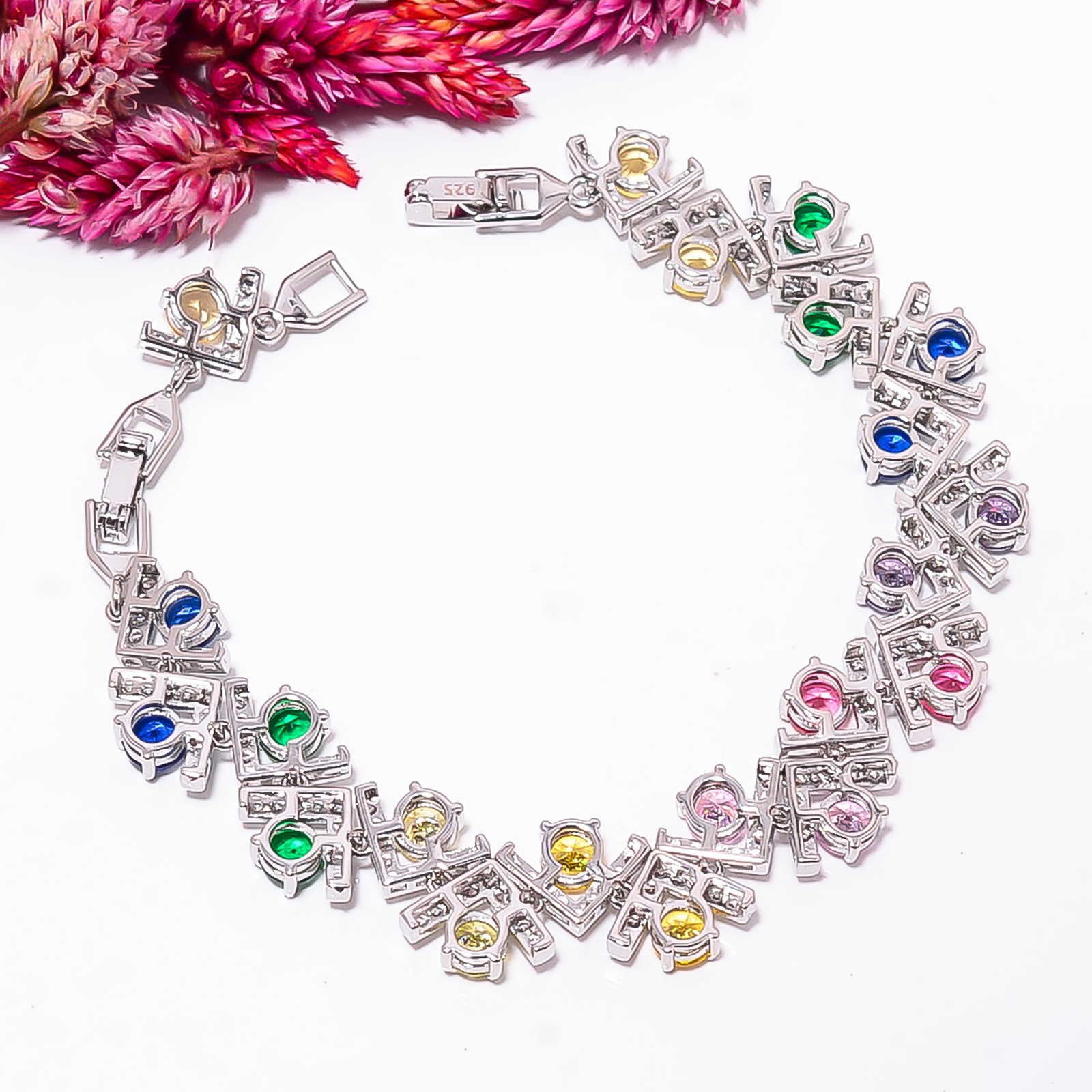 Multi Sapphire -Simulated, CZ 925 Sterling Silver Adjustable Bracelet 7-8″ B426