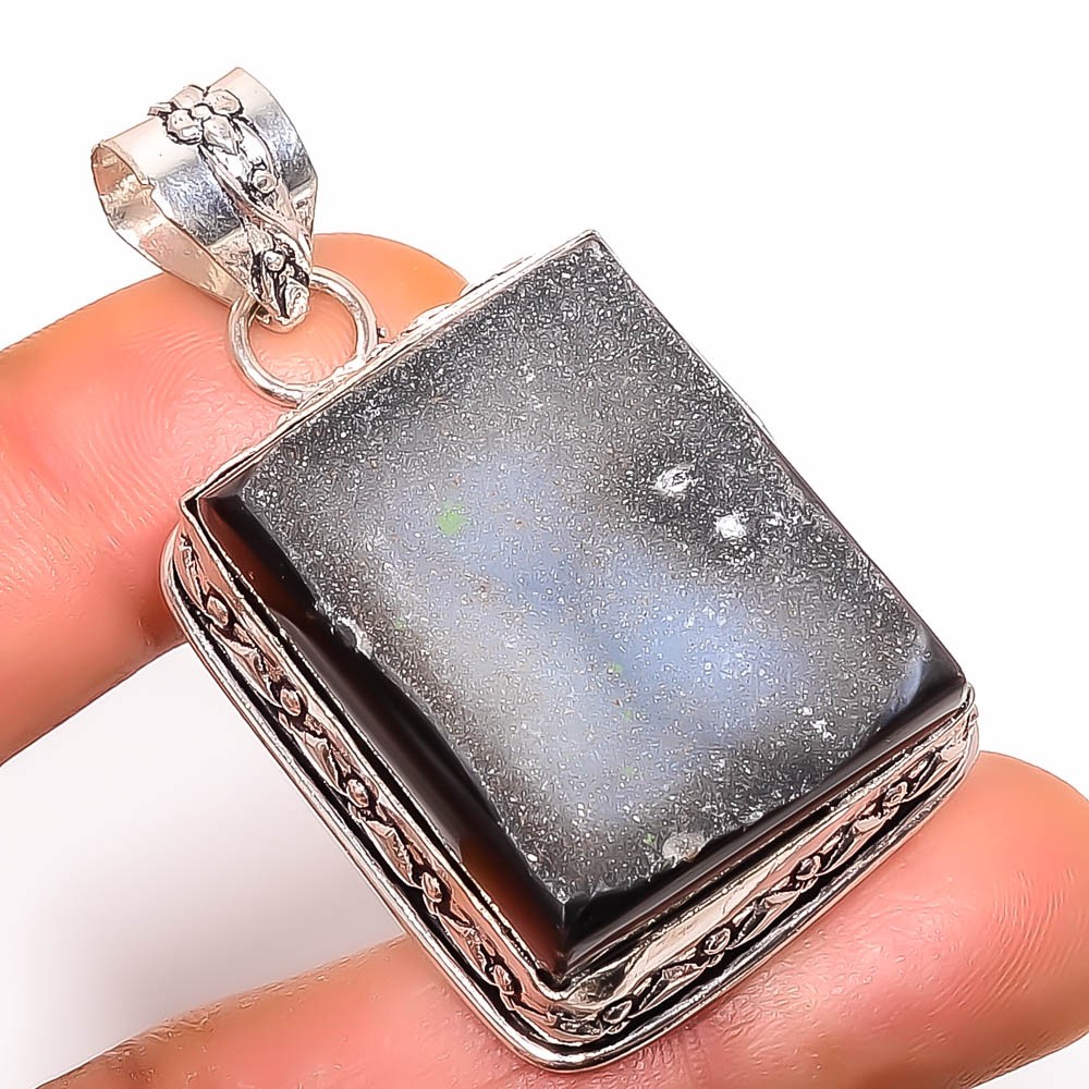Titanium Carbon Agate Drusy 925 Silver Plated Handmade Pendant 1.” P81