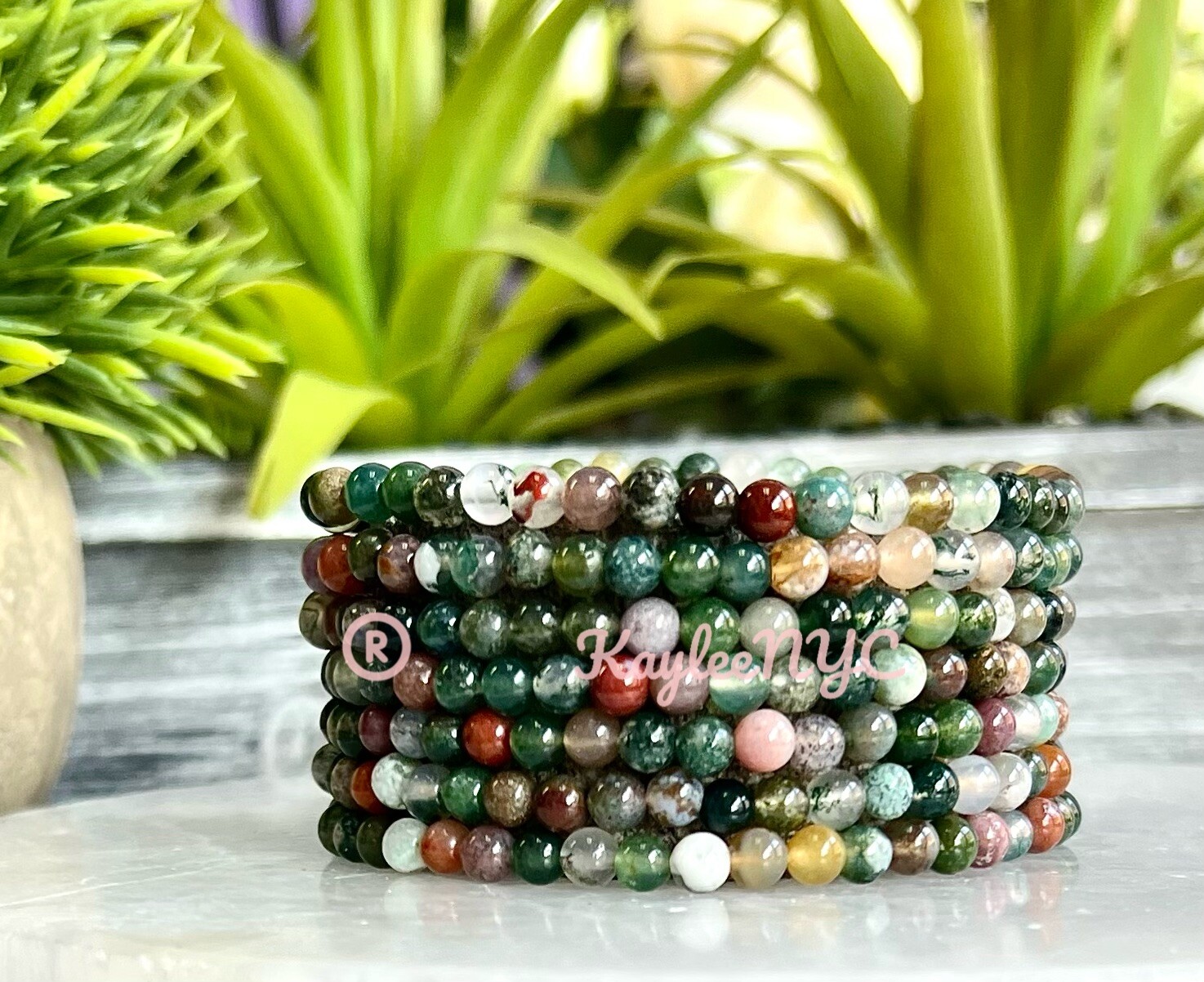 Wholesale Lot 6 Pcs Natural Indian Moss Agate 4mm 7.5” Crystal Stretch Bracelet