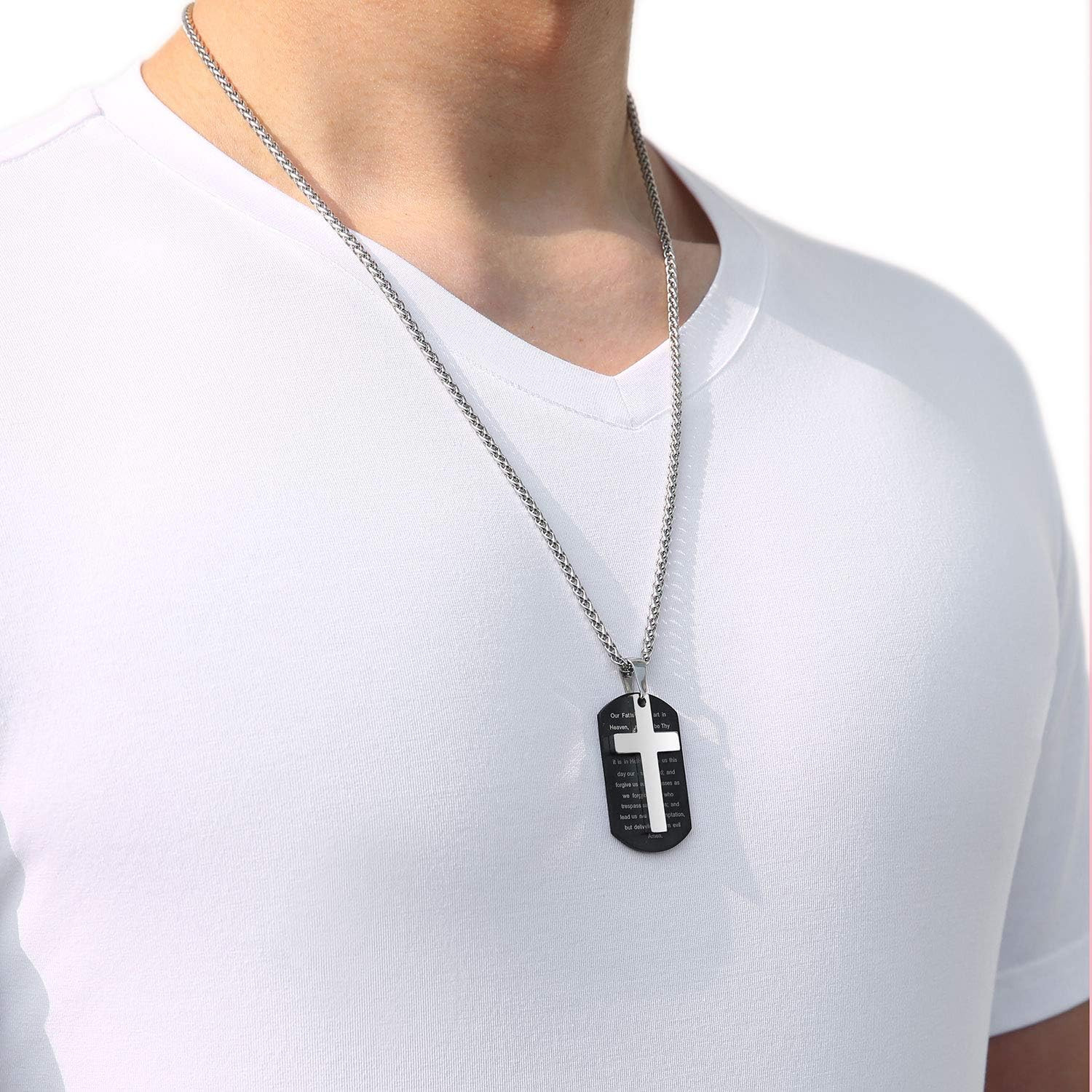 Dog Tag Cross Necklace Gifts for Boys Men, Stainless Steel Bible Verse Pendant C