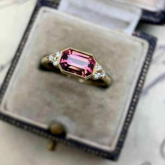 Share 3Ct Emerald Cut Lab Created Pink Tourmaline Wedding Ring 14K Yellow Gold