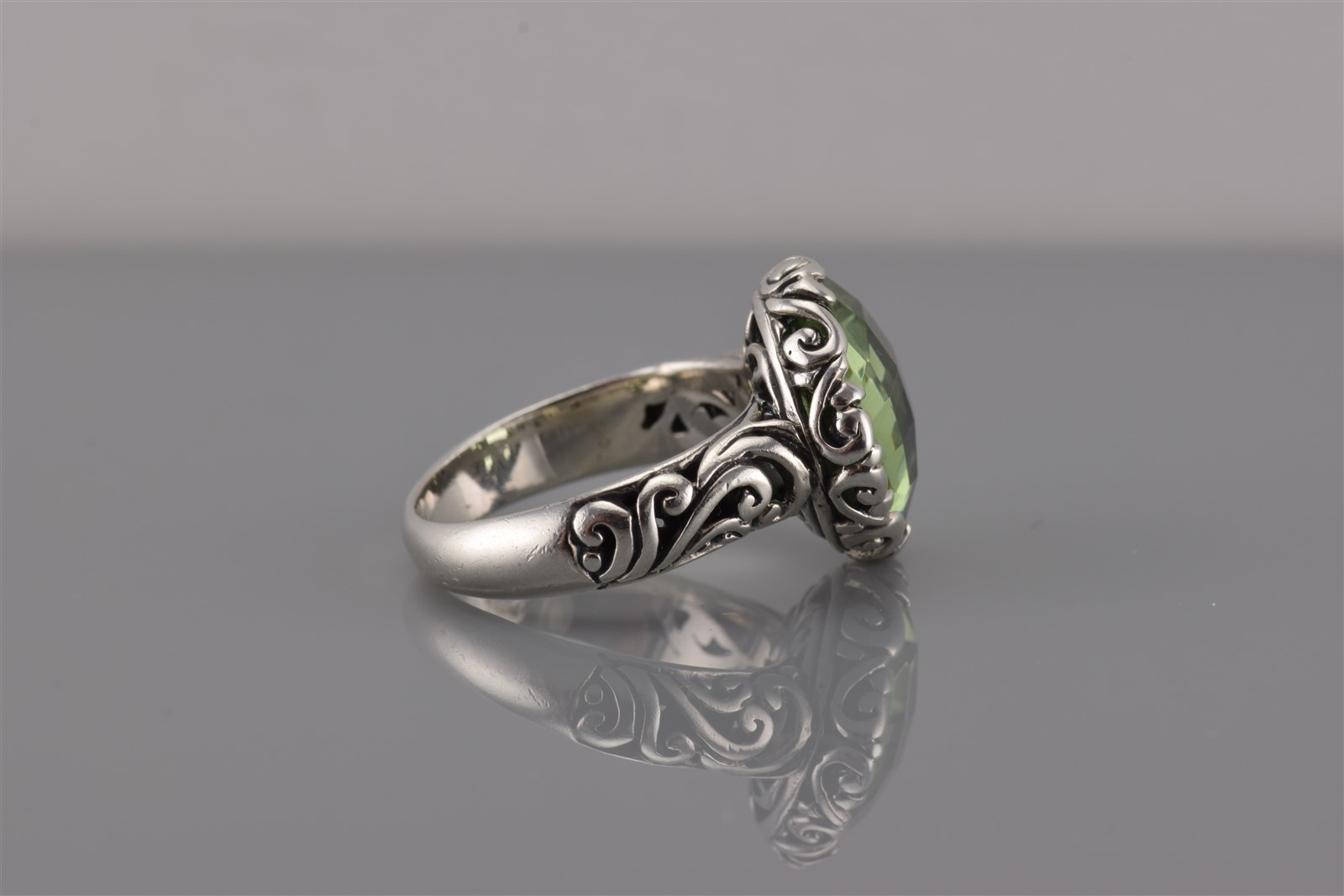 Sterling Silver Briolette Cut Green Cubic Zirconia Carved Band Ring 925 Sz: 6