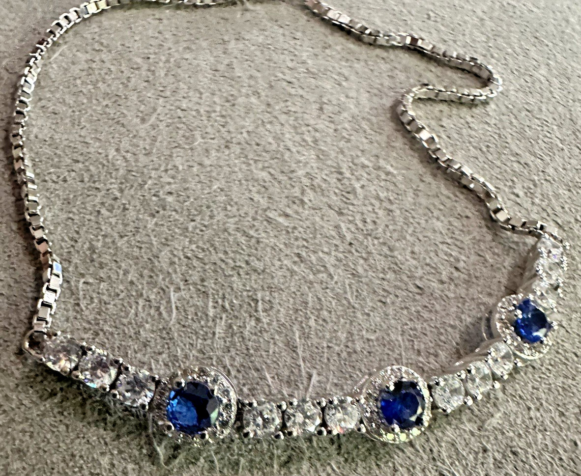 Sterling Silver Blue/White CZ Slide Chain Adjustable Bracelet N
