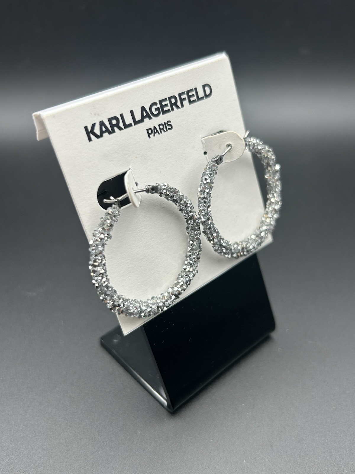 Karl Lagerfeld Silver Crystal Hoop Earrings Hinged Closure, Metal