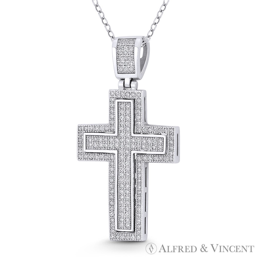 Large Latin Crucifix Cross Cubic Zirconia CZ 925 Sterling Silver Rhodium Pendant