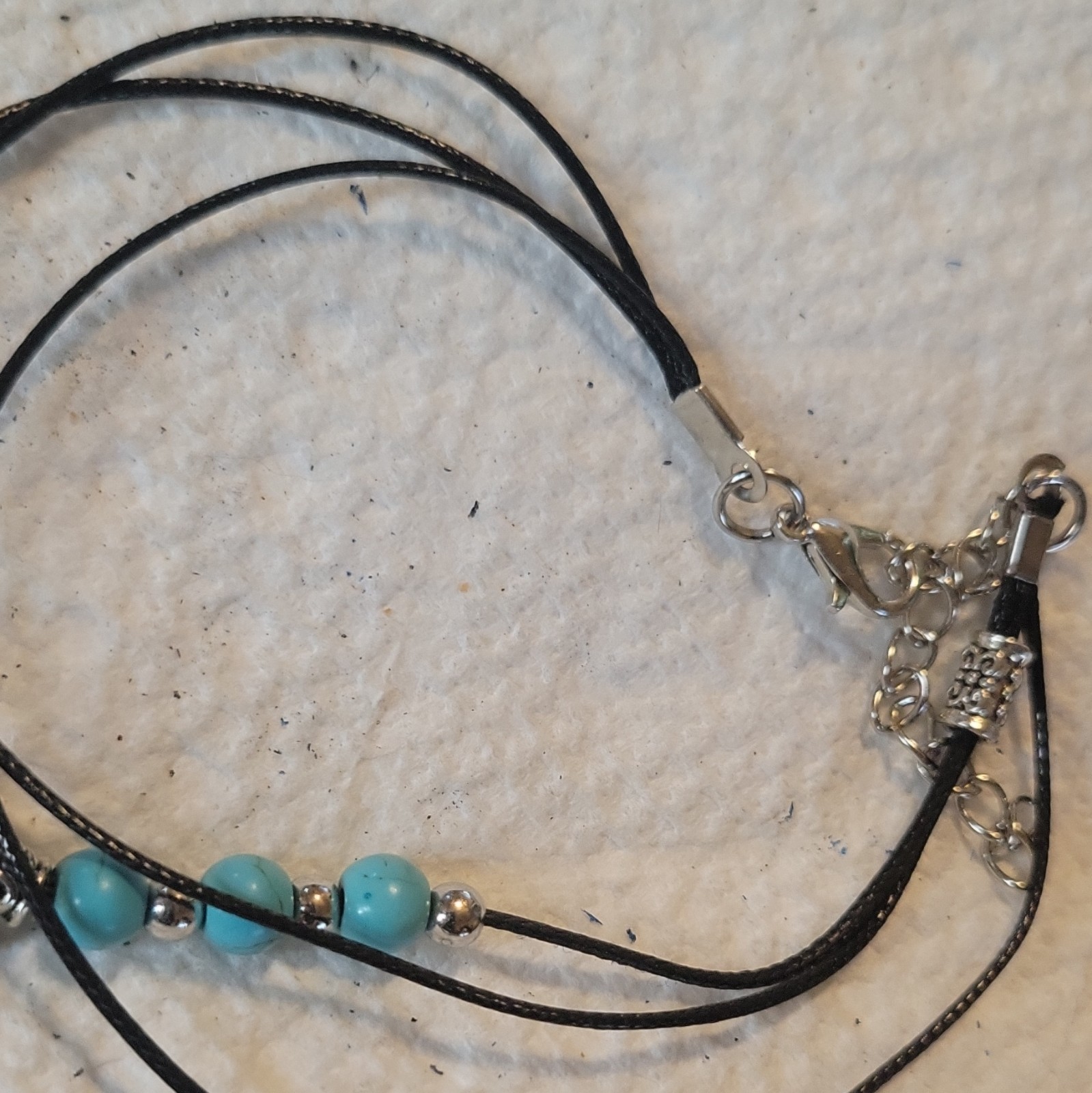 Black Cord turqBlue Beaded Bracelet Silver Tone Turtle Dangle Lobster Adjustable