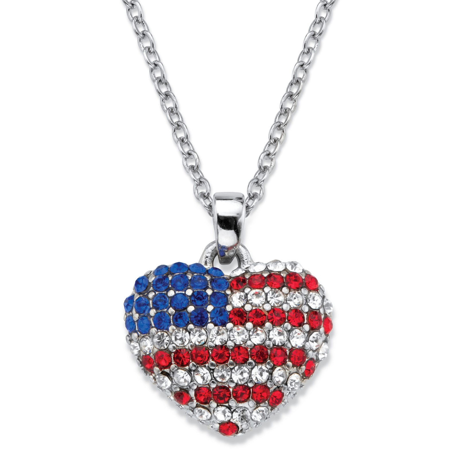 Red White and Blue Crystal Silvertone American Flag Patriotic Necklace 18″