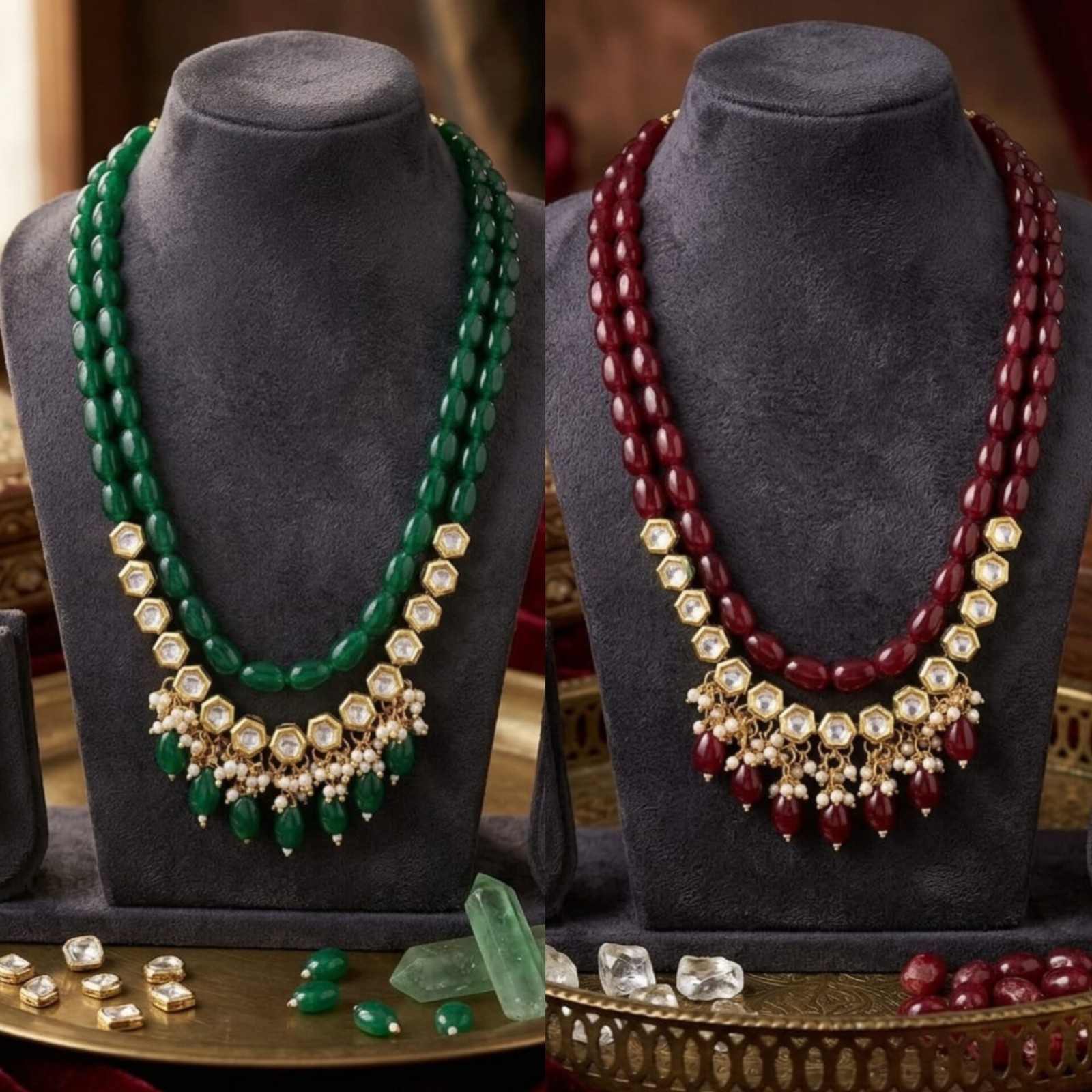 2PC Green Red Beaded Kundan Necklace Set Gold Plated Ethnic Bridal Jewelry