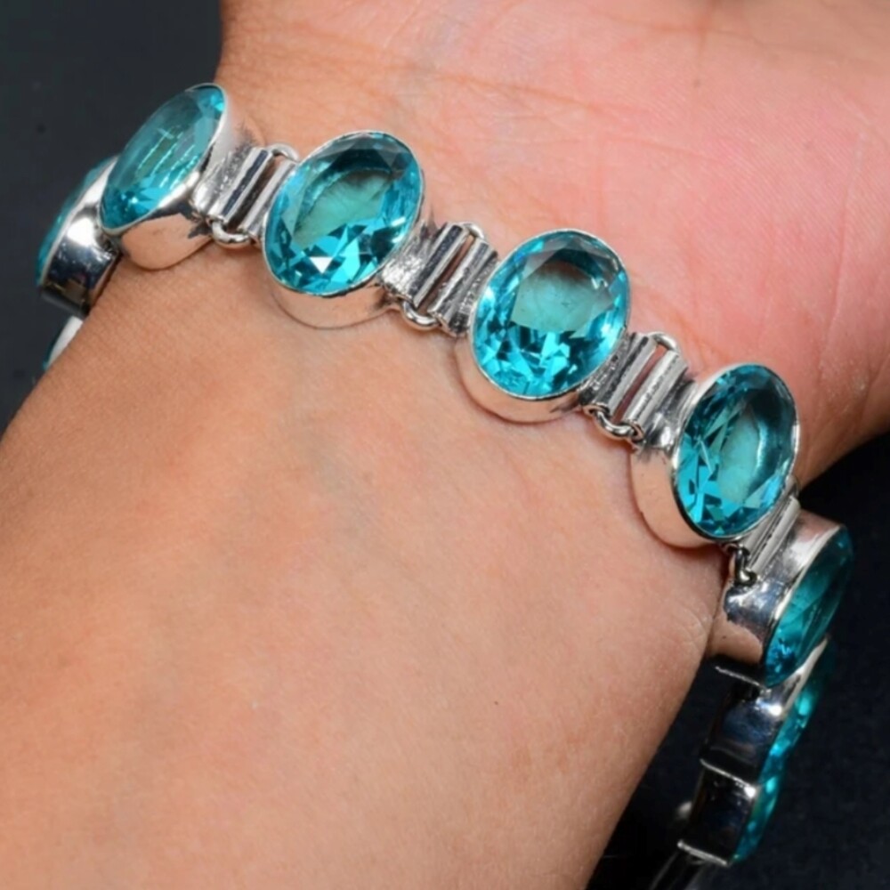 Blue Topaz Gemstone 925 Sterling Silver Jewelry Bracelet Handmade Gift D-590