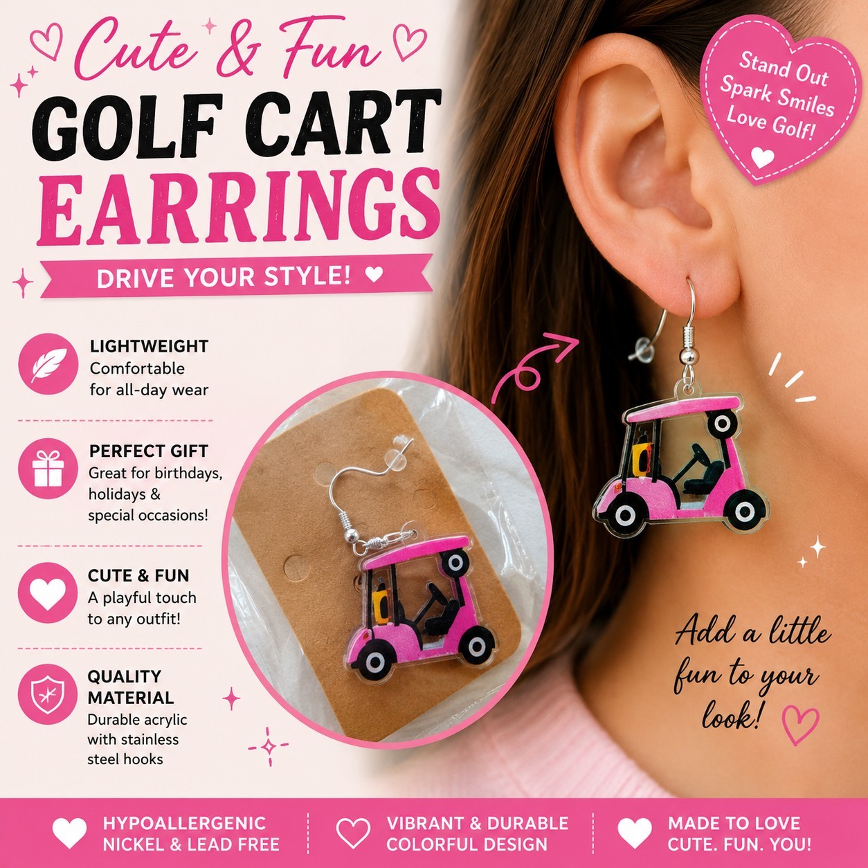 Pink Golf Cart Dangle Earrings Acrylic Golf Lover Gift Lightweight Fun Jewelry