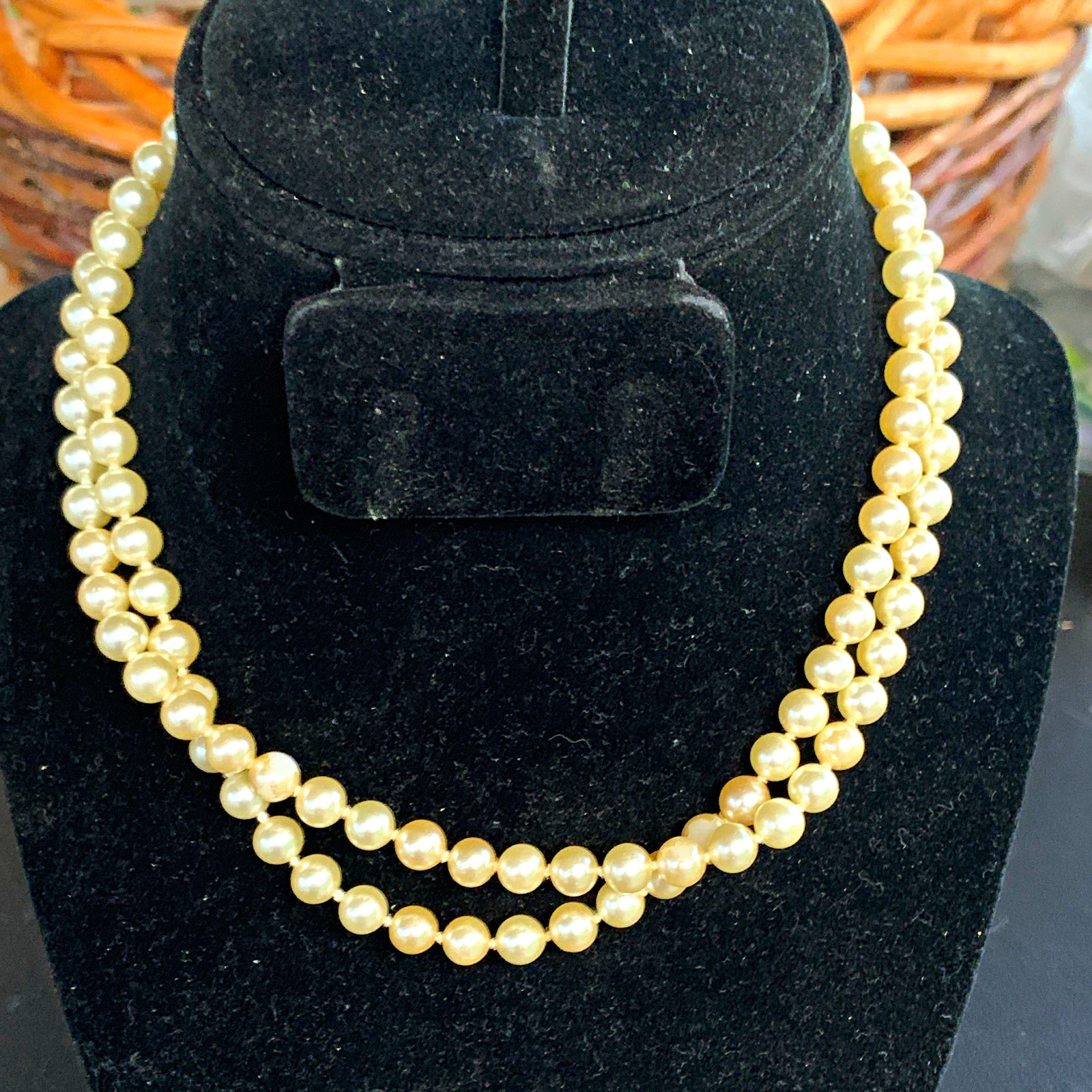 Double Strand Cream Faux Pearl Beaded Strand Necklace Gold Tone Clasp