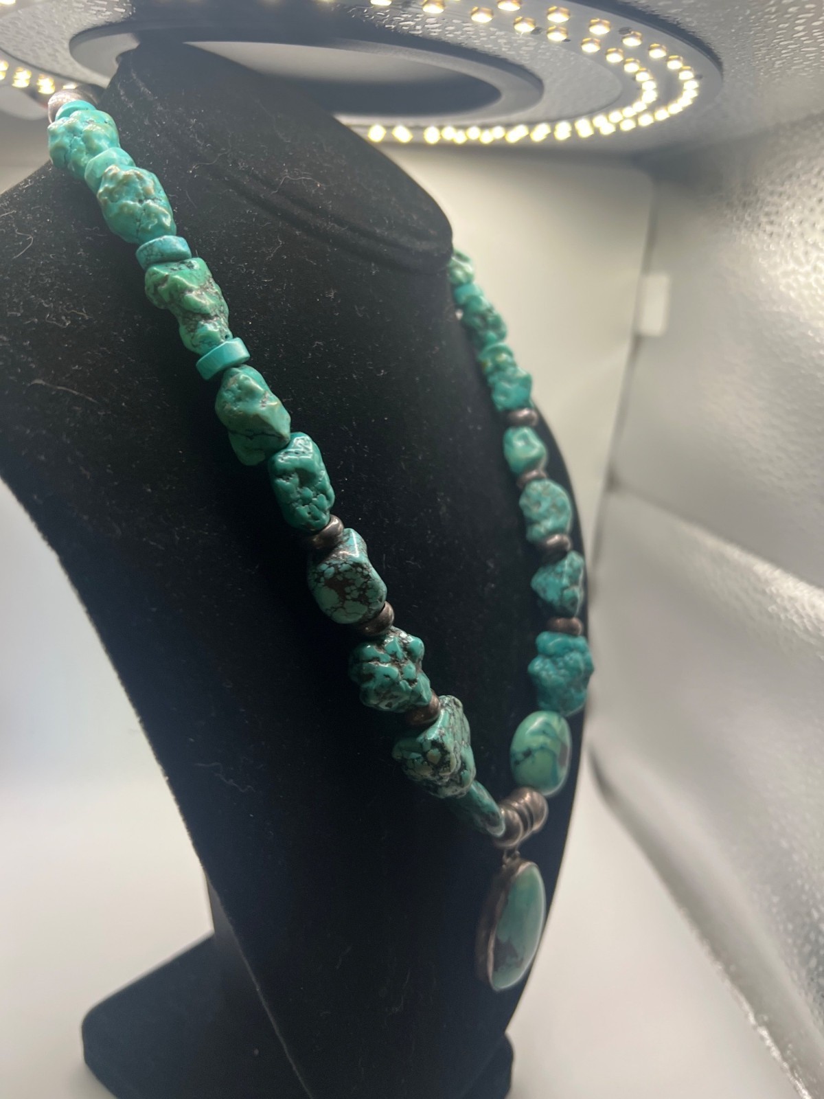 Dyed Turquoise? & Silver Beaded Necklace With Large Oval Pendant