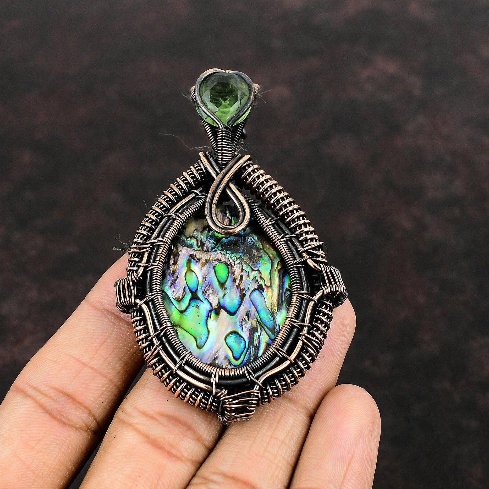 Abalone Shell Wire Wrapped Pendant Handcrafted Copper Partywear 3.15″