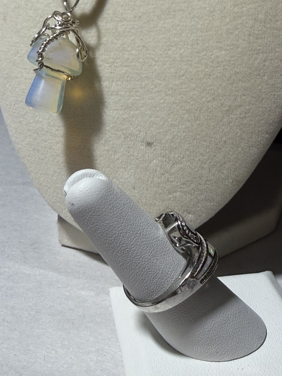 Wire Wrapped Opalite Mushroom Necklace & Inlaid White Fire Opal Bypass Ring Set