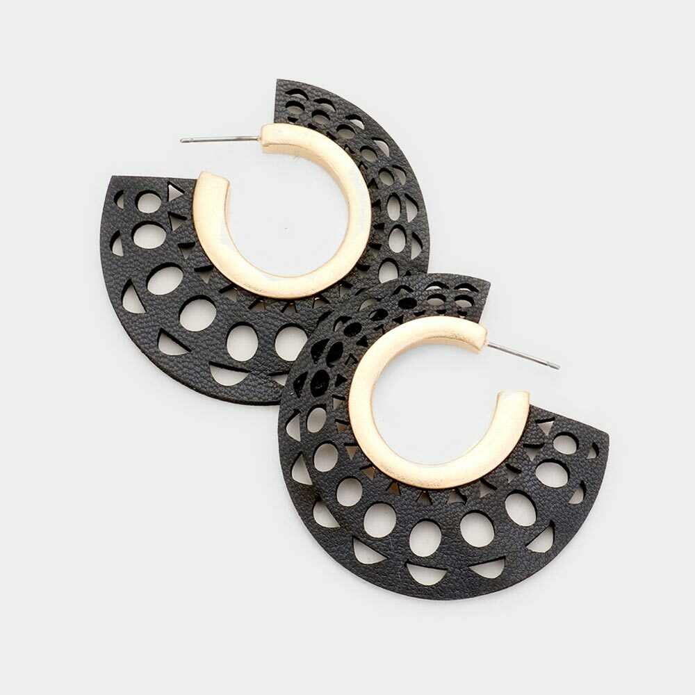 Matte Gold Faux Black Leather Open Hoop Earrings