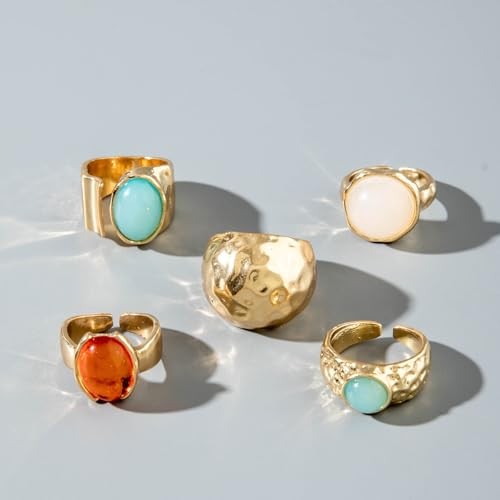 Chunky Gold Gemstone Ring Set for Women Adjustable Stackable Statement A-Gold