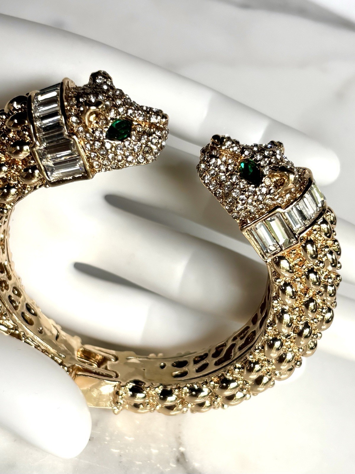 PANTHER FELINE SET /2 CRYSTALS HINGED CUFF BRACELET SILVER GOLD TONE BAGUETTES