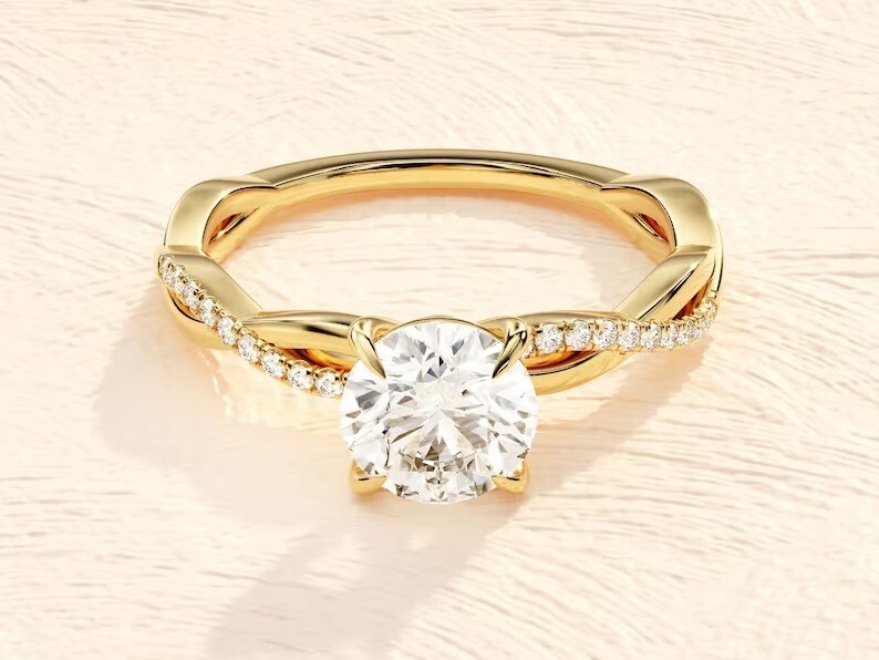 Gold Plated Moissanite Engagement Ring Solitaire Round Halo Wedding Womens Ring