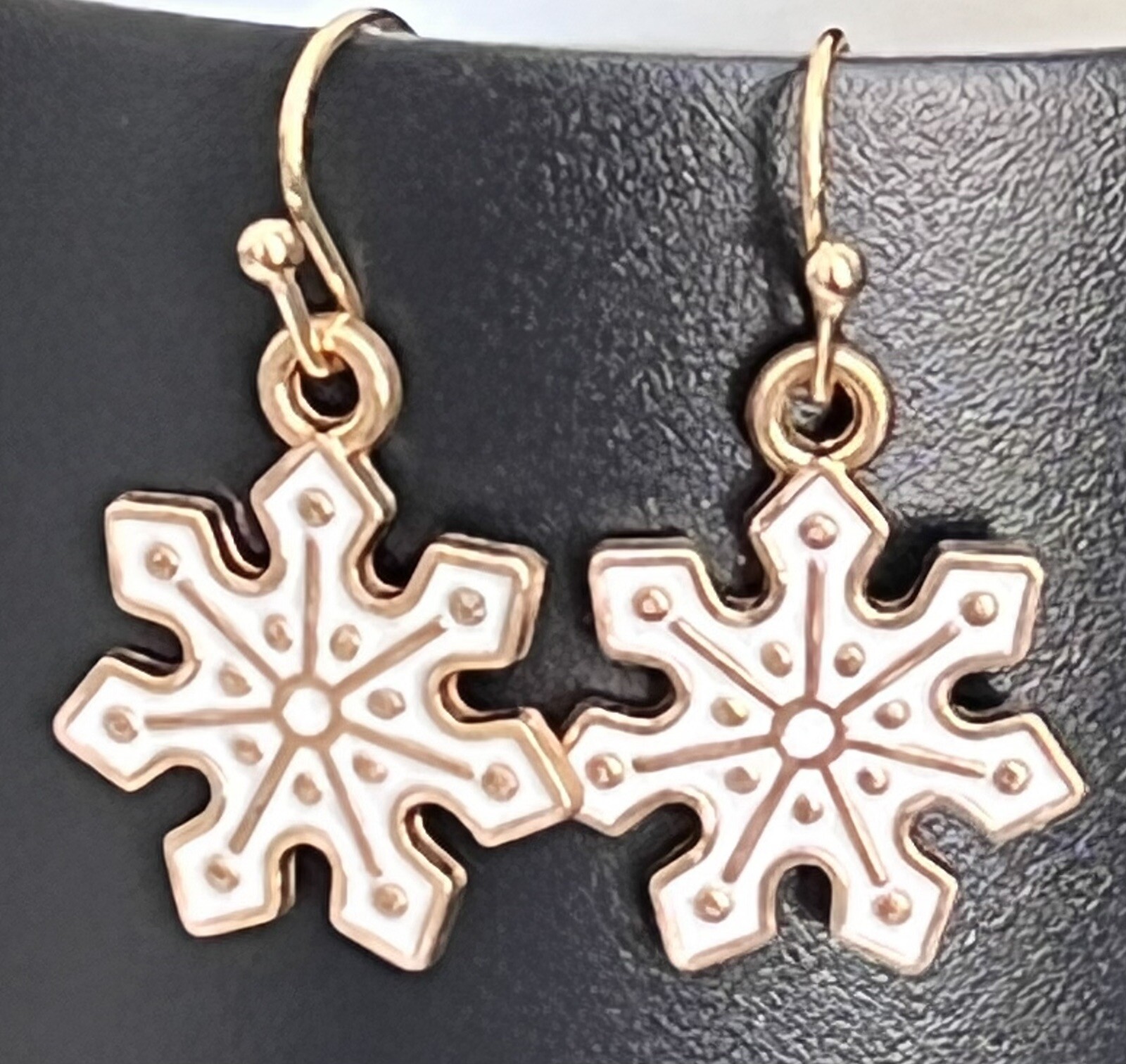 Beautiful Gold and White Snowflake Dangle Earrings.