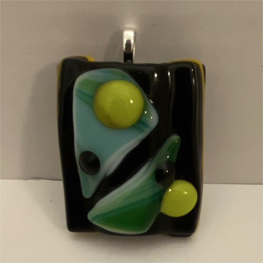 Silver Tone Bail Rectangle Glass Pendant Black Green Blue Yellow