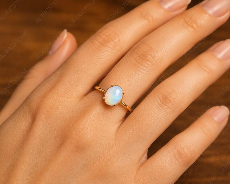 Lab Created White Opal Ring, Base Metal: Brass Finish: Gold Plated Gift For Her