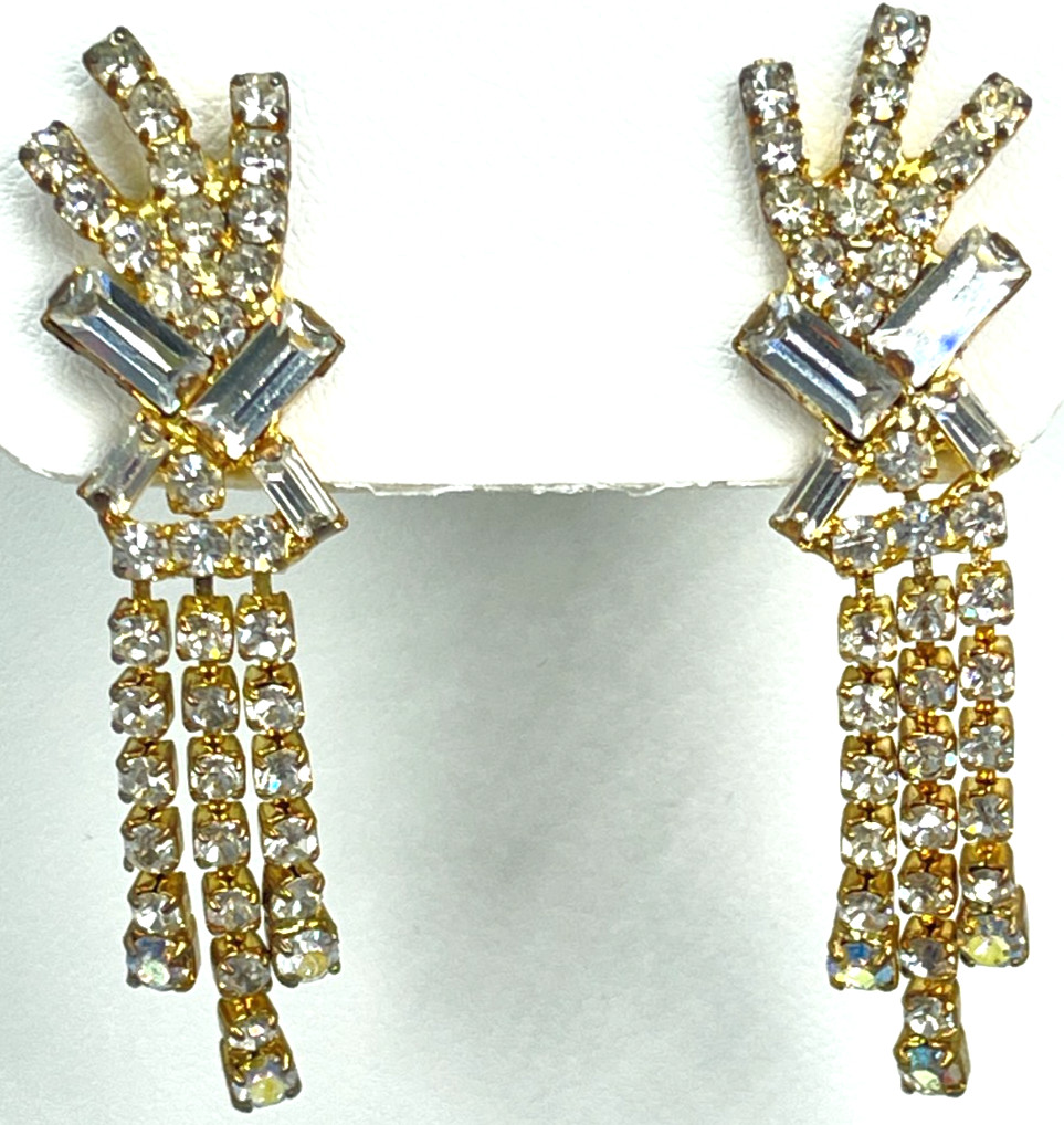 Earrings Dressy Gold Tone Clear Crystal Enhanced Asymmetrical Design. Drop = 2″