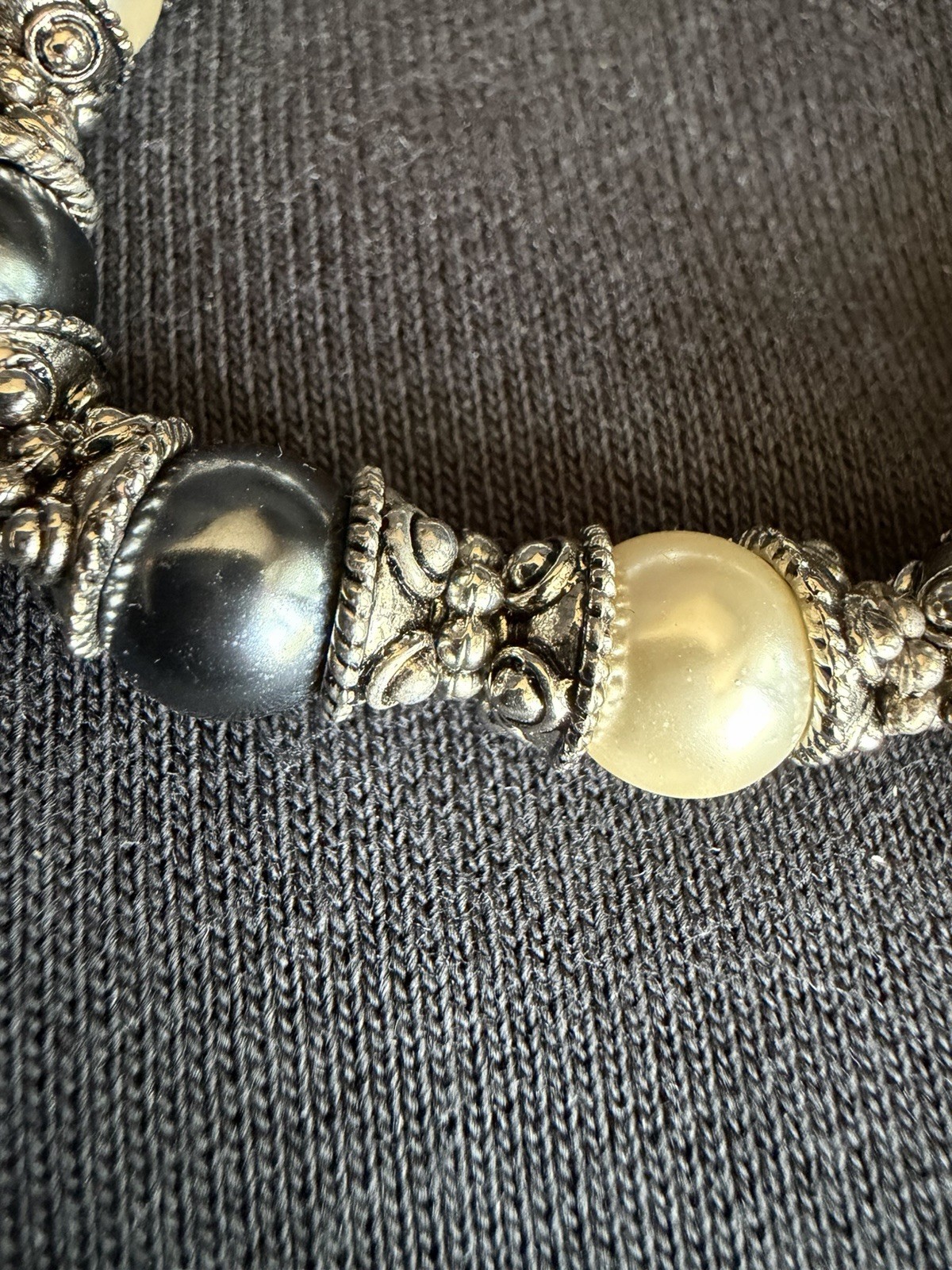 Black Ivory Faux Pearl Stretch Bracelet Silver Tone Spacer Beads Gali Style