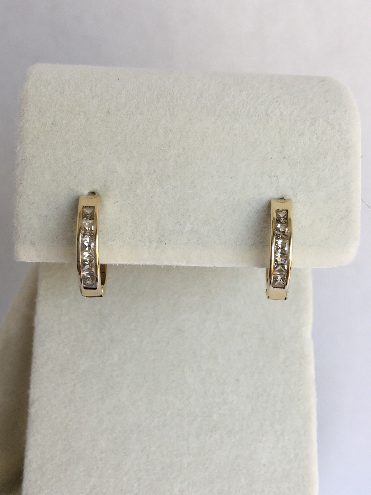 14K Solid Gold Huggie Hoop Earrings Vintage Channel Set Princess Cut CZ Pair