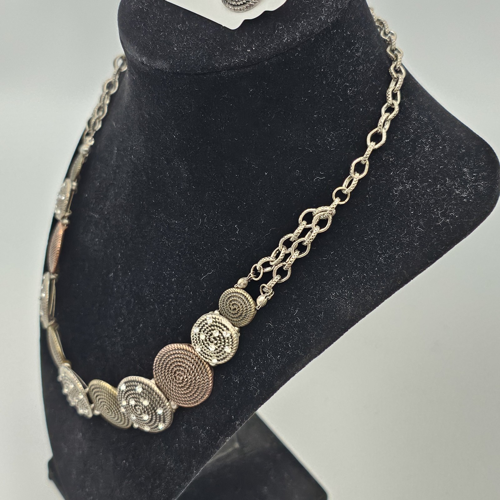 Silver Tone Swirl Disc Statement Necklace & Earrings Set Boho Spiral Bib Necklac