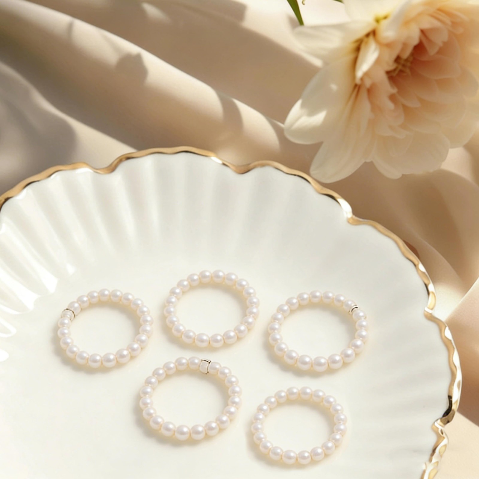 5 Pcs Faux Pearl Stretch Rings for , Beaded Stackable Adjustable Dainty Handm…